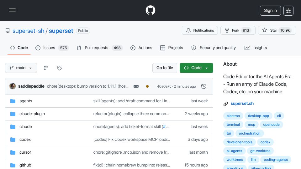 Screenshot of github.com: Launch HN: Superset (YC P26) – IDE for the agents era