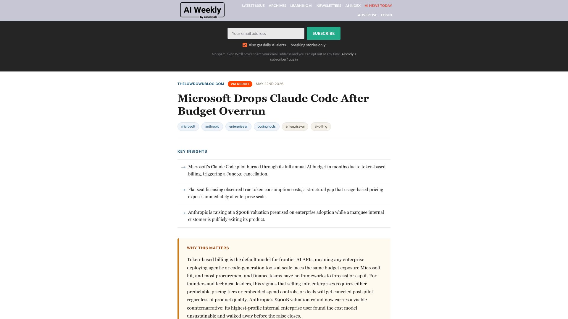 Screenshot of theverge.com: Microsoft starts canceling Claude Code licenses