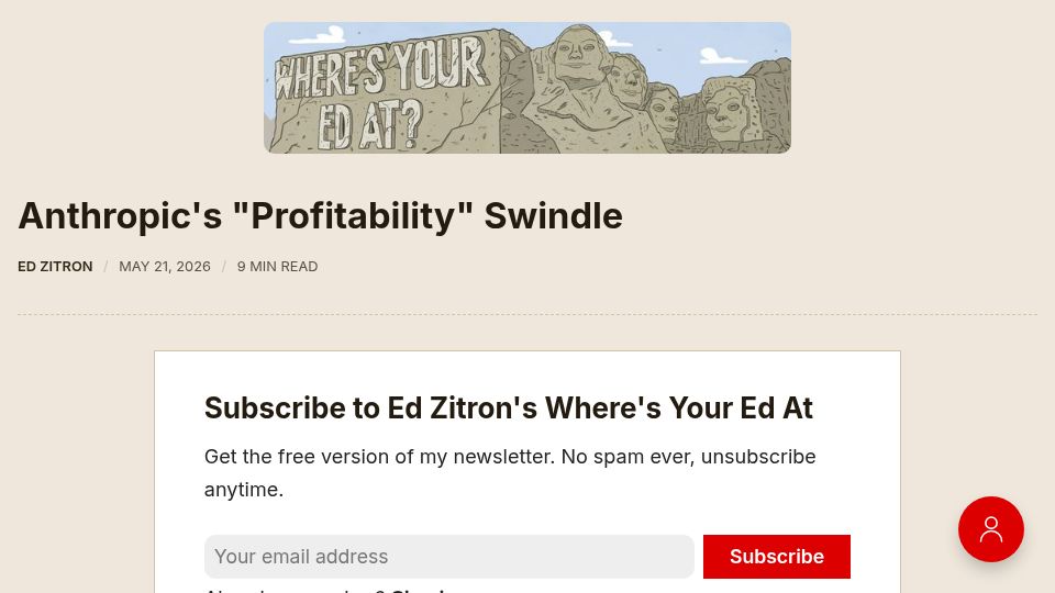 Screenshot of wheresyoured.at: Anthropic's "Profitability" Swindle