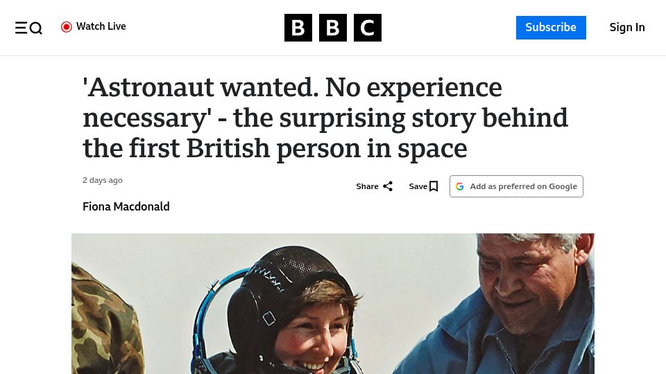 Screenshot of bbc.com: The first British person in space
