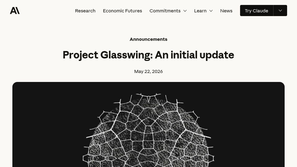 Screenshot of anthropic.com: Project Glasswing: An Initial Update