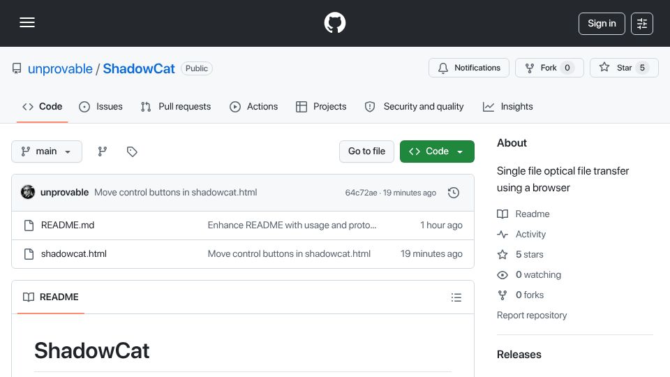 Screenshot of github.com: Show HN: ShadowCat – file transfer through QR Codes in a Browser