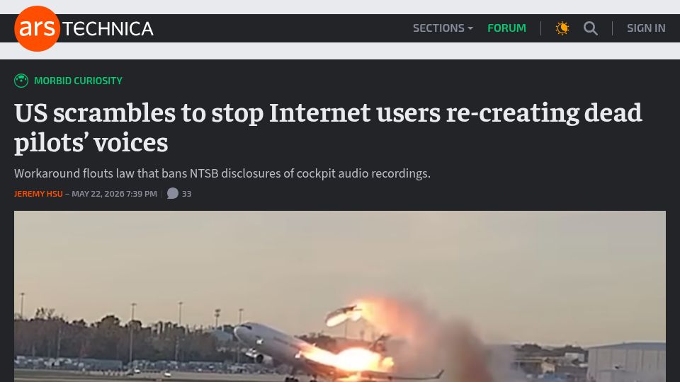 Screenshot of arstechnica.com: NTSB pulls docket after AI recreates dead pilots' voices