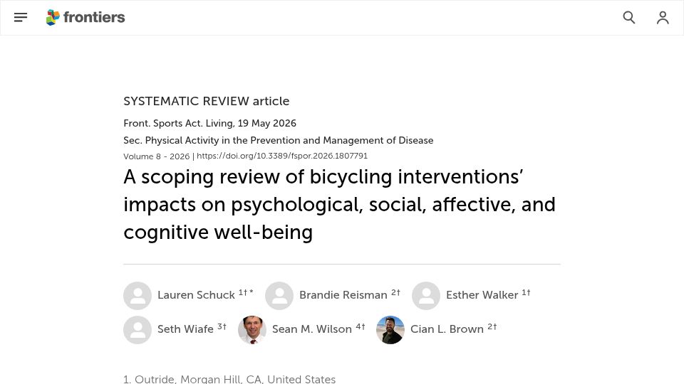 Screenshot of frontiersin.org: A scoping review of bicycling interventions’ impacts on well-being