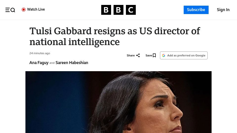Screenshot of bbc.com: Tulsi Gabbard resigns as US director of national intelligence
