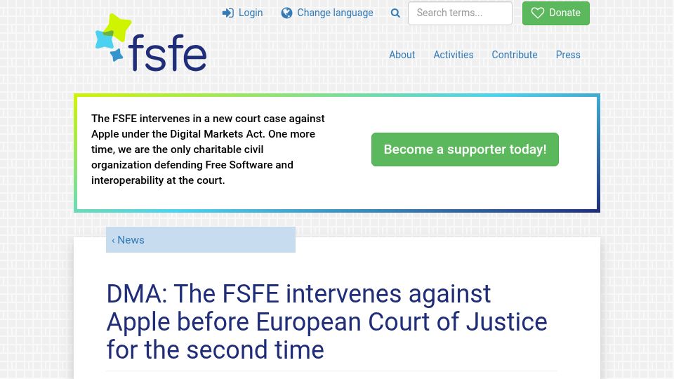Screenshot of fsfe.org: FSFE intervenes against Apple before EUCJ for the second time