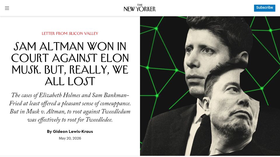 Screenshot of newyorker.com: Sam Altman Won in Court Against Elon Musk. But, We All Lost