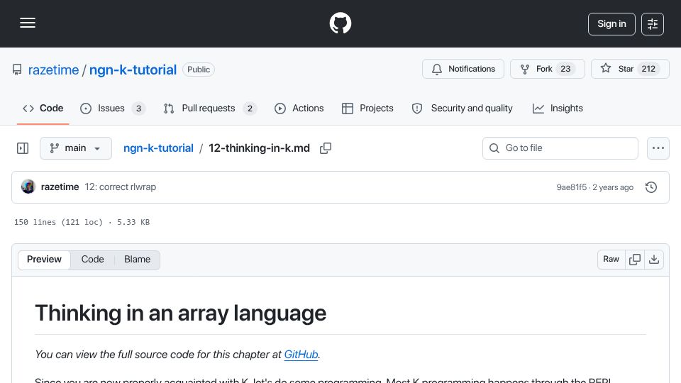 Screenshot of github.com: Thinking in an array language (2022)