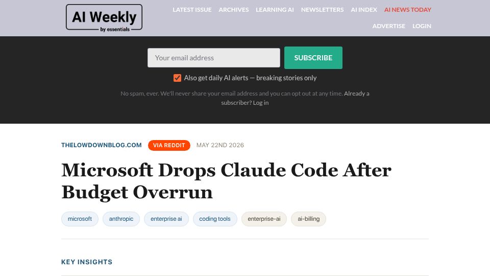 Screenshot of theverge.com: Microsoft starts canceling Claude Code licenses