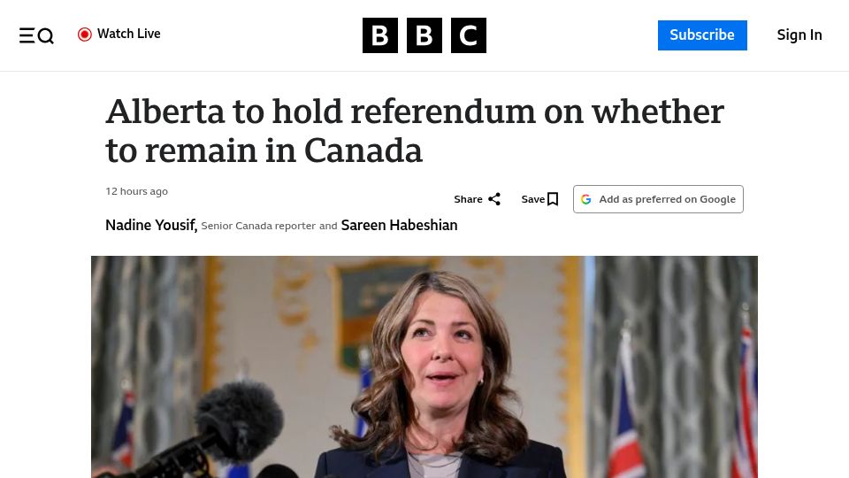 Screenshot of bbc.com: Alberta to hold referendum on whether to remain in Canada