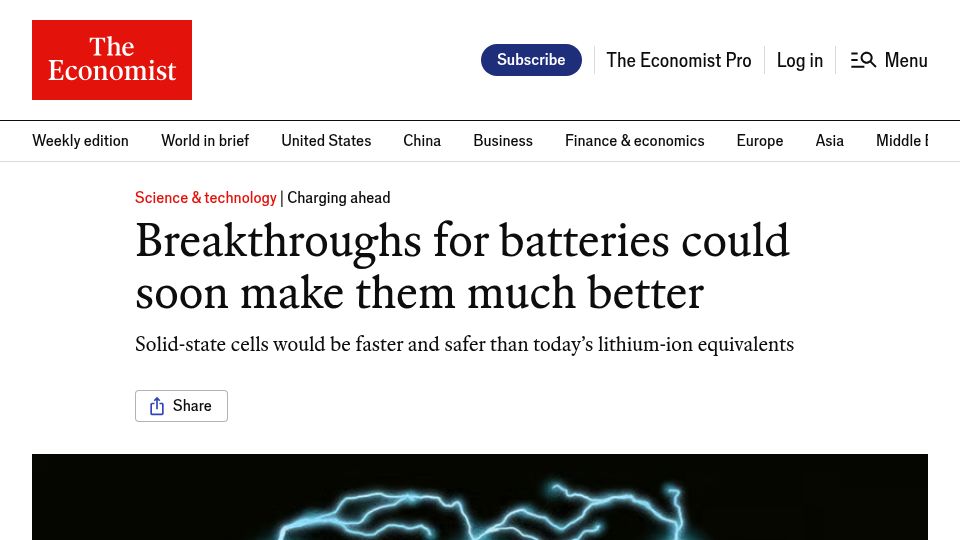 Screenshot of economist.com: Breakthroughs for batteries could soon make them better