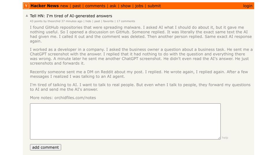 Screenshot of Hacker News post: Tell HN: I'm tired of AI-generated answers