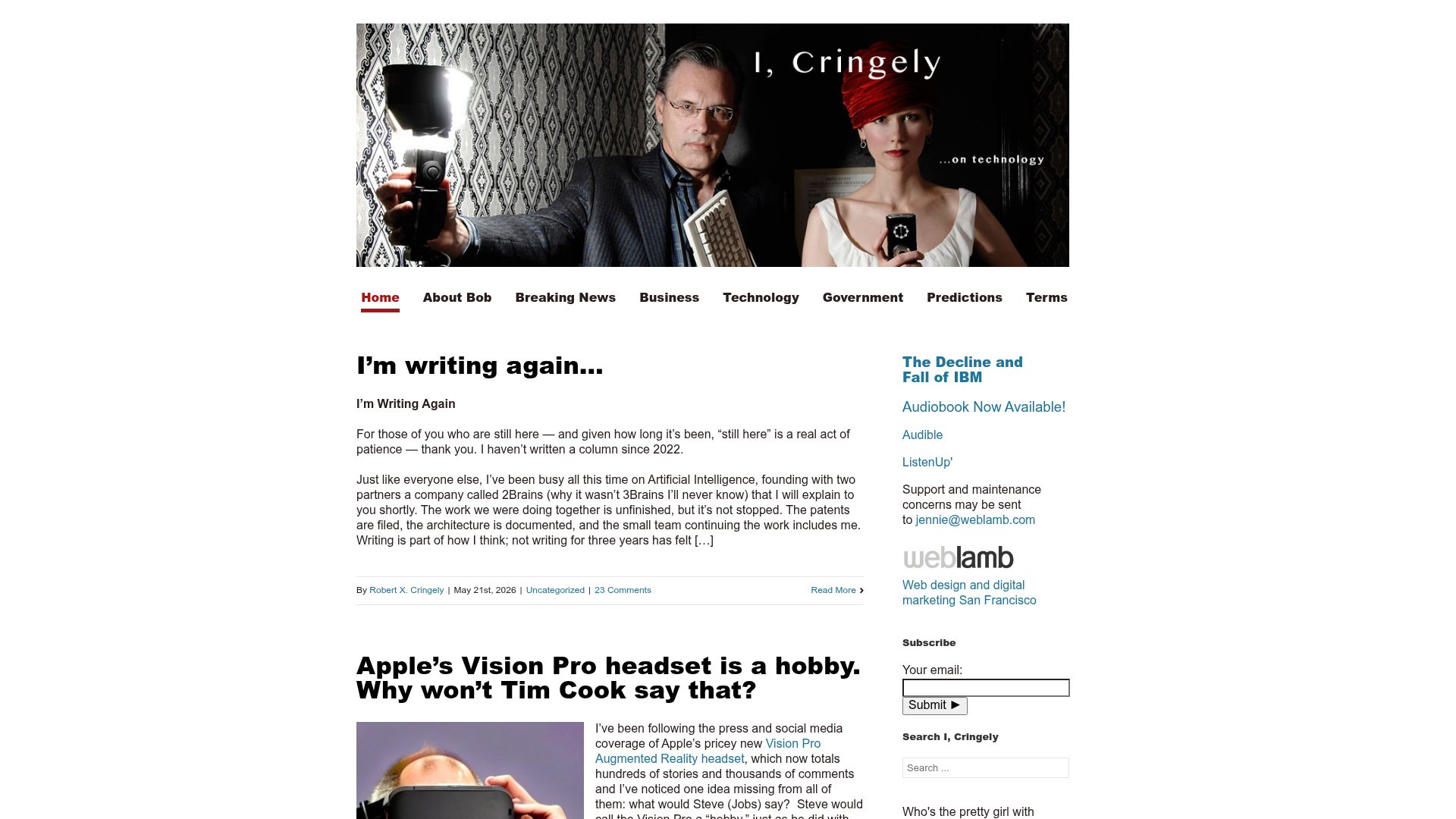 Screenshot of cringely.com: I’m writing again