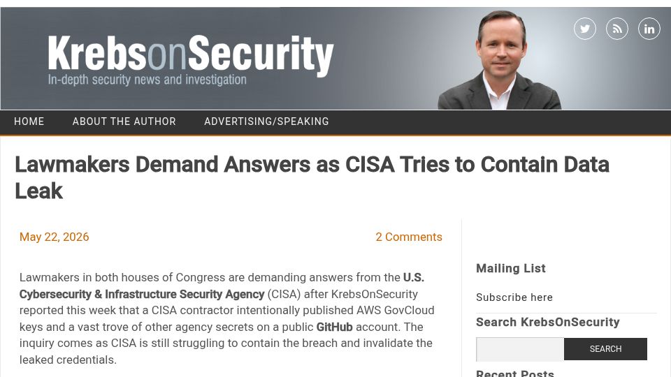 Screenshot of krebsonsecurity.com: CISA tries to contain data leak