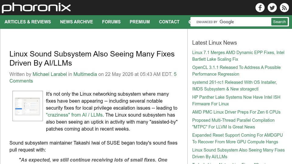 Screenshot of phoronix.com: Linux Sound Subsystem Also Seeing Many Fixes Driven by AI/LLMs