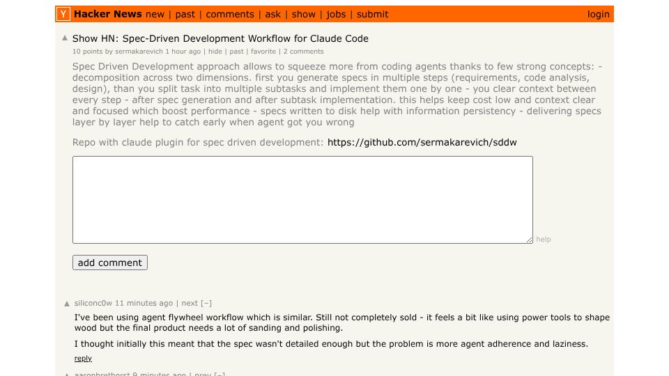 Screenshot of Hacker News post: Show HN: Spec-Driven Development Workflow for Claude Code