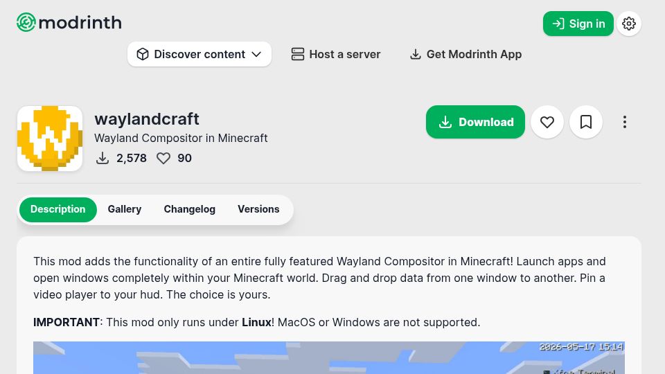 Screenshot of modrinth.com: A Wayland Compositor in Minecraft