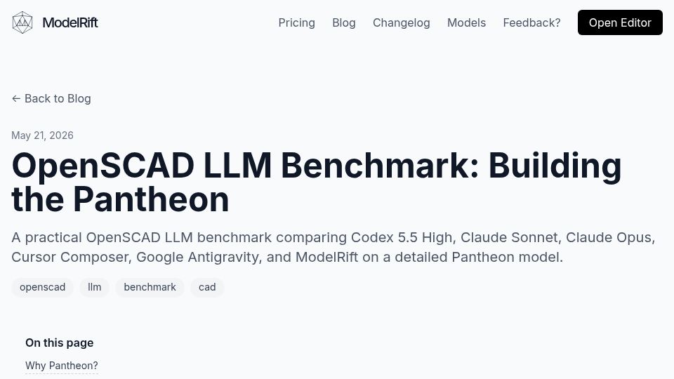 Screenshot of modelrift.com: Antigravity 2.0 Tops the OpenSCAD Architectural 3D LLM Benchmark