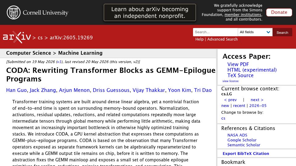 Screenshot of arxiv.org: CODA: Rewriting Transformer Blocks as GEMM-Epilogue Programs