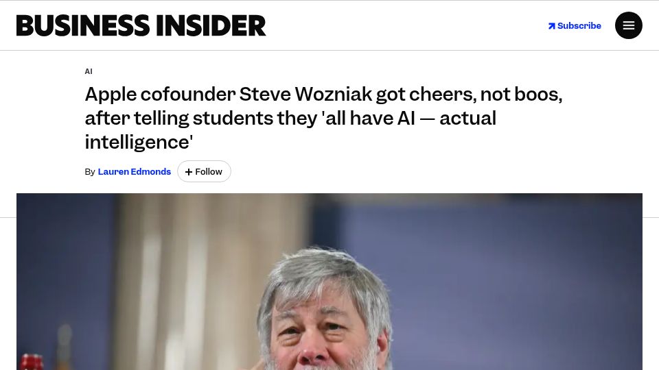 Screenshot of businessinsider.com: Steve Wozniak cheered after telling students they have AI – actual intelligence