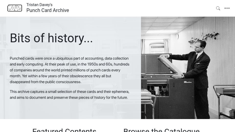 Screenshot of punchcards.tristandavey.com: Tristan Davey's Punch Card Archive