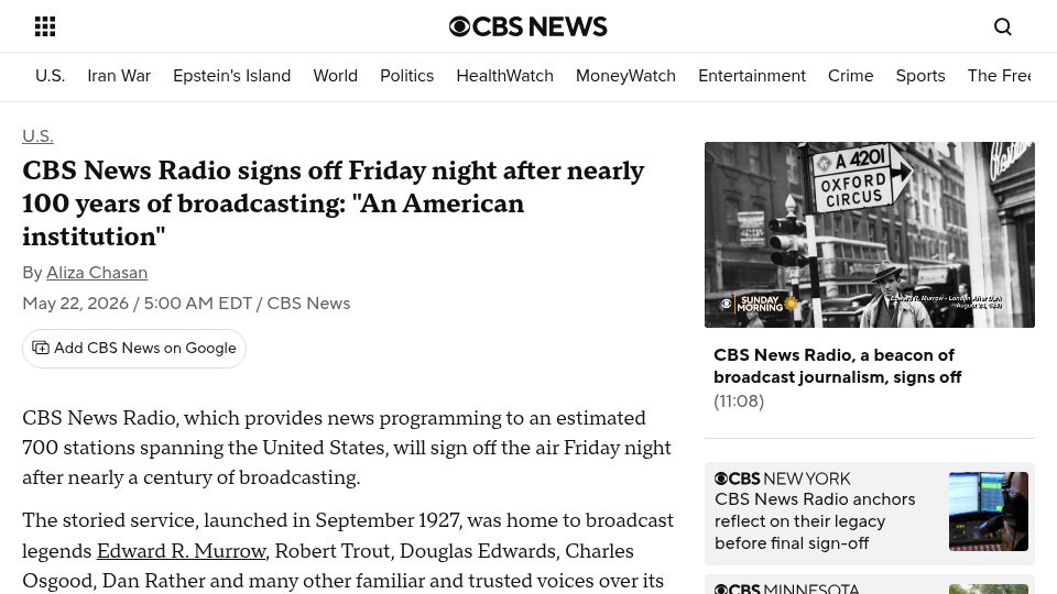 Screenshot of cbsnews.com: CBS Radio signs off after nearly 100 years of broadcasting