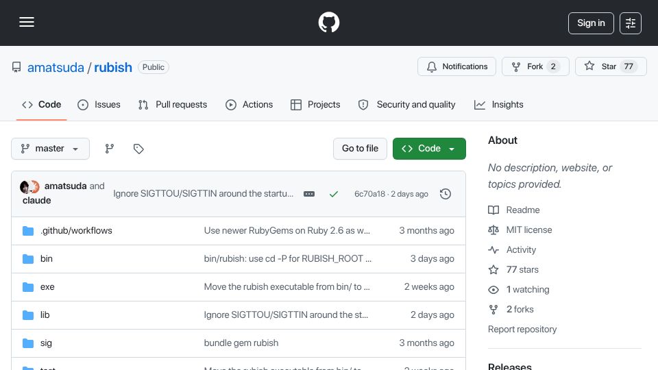 Screenshot of github.com: Rubish: A Unix shell written in pure Ruby