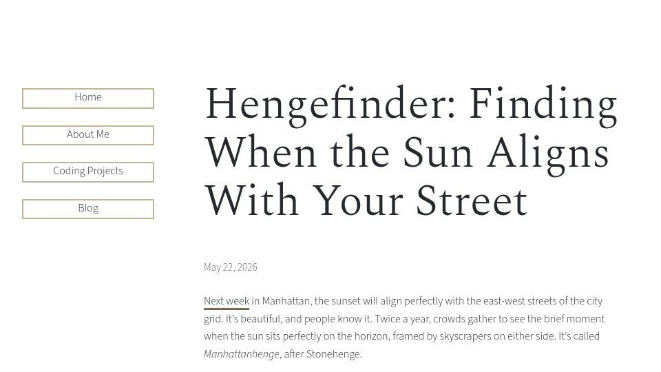 Screenshot of victoriaritvo.com: Hengefinder: Finding when the sun aligns with your street