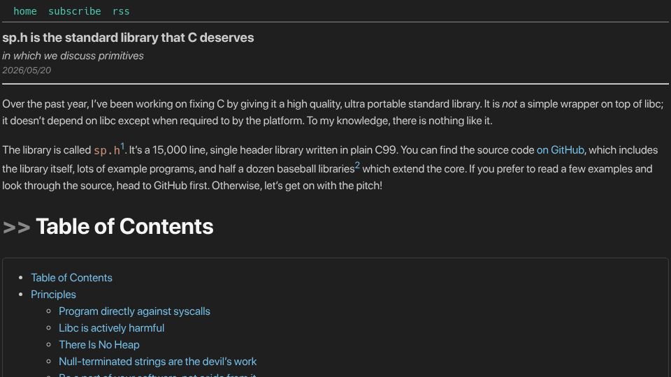 Screenshot of spader.zone: sp.h: Fixing C by giving it a high quality, ultra portable standard library