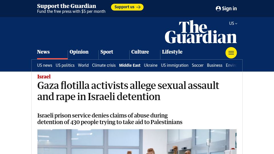 Screenshot of theguardian.com: Gaza flotilla activists allege sexual assault and rape in Israeli detention