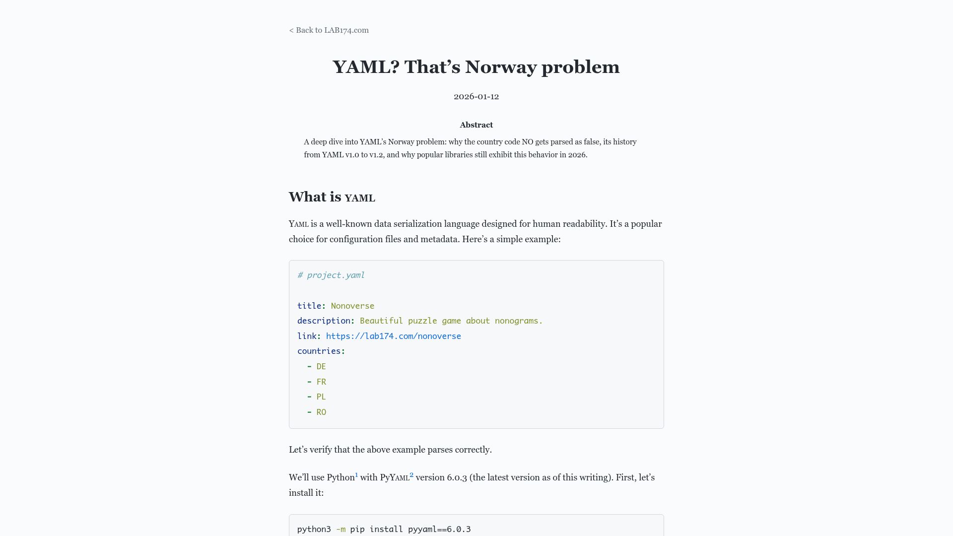 Screenshot of lab174.com: YAML? That's Norway Problem