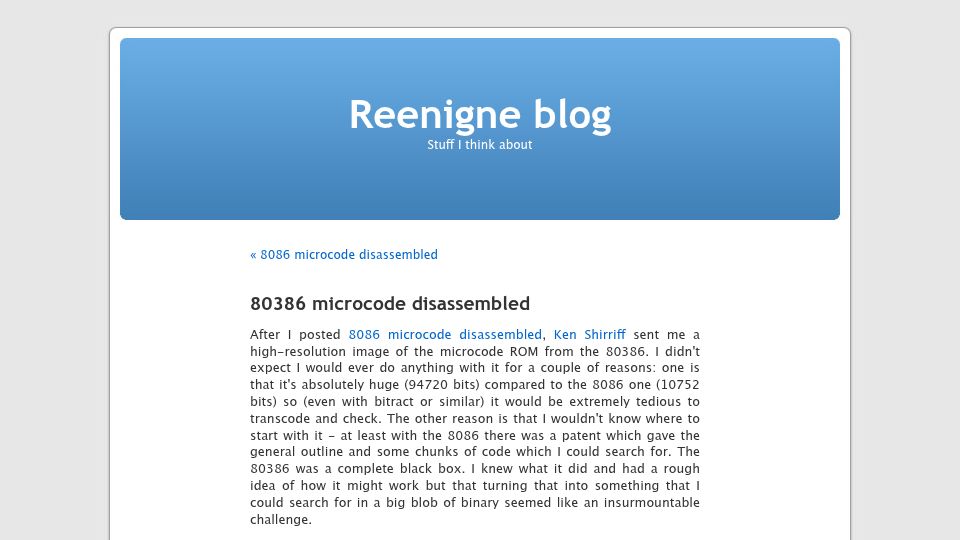 Screenshot of reenigne.org: 80386 microcode disassembled