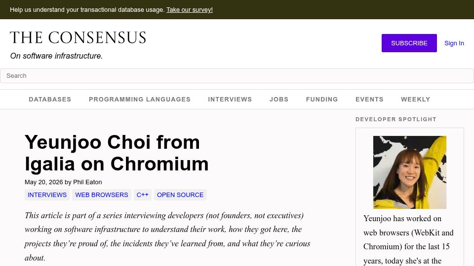 Screenshot of theconsensus.dev: Yeunjoo Choi from Igalia on Chromium