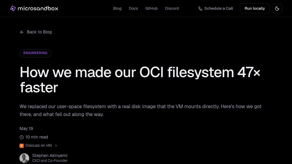 Screenshot of microsandbox.dev: We made our filesystem 47× faster by deleting it