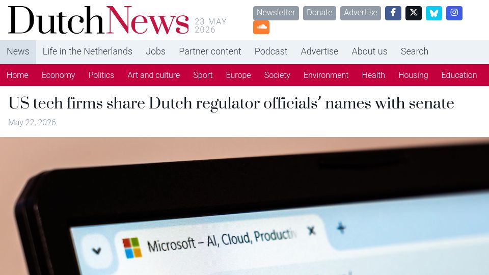 Screenshot of dutchnews.nl: US tech firms share Dutch regulator officials' names with Senate