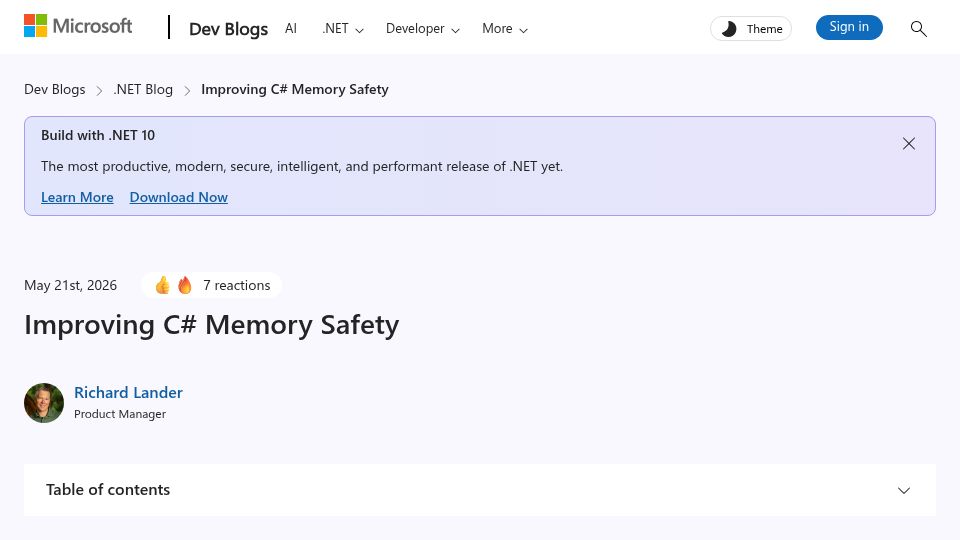 Screenshot of devblogs.microsoft.com: Improving C# Memory Safety
