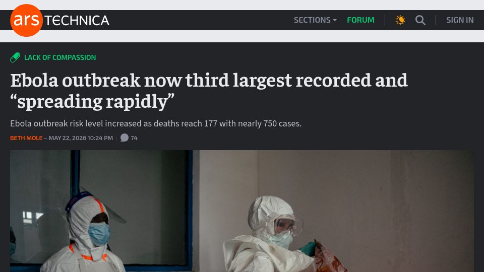 Screenshot of arstechnica.com: Ebola Outbreak Now Third Largest Recorded and "Spreading Rapidly"