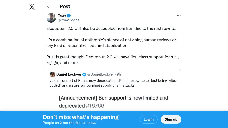 Screenshot of twitter.com: Electrobun 2.0 will be decoupled from Bun due to the Rust rewrite