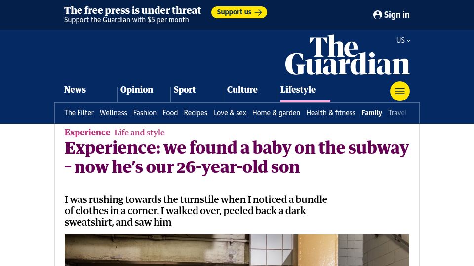 Screenshot of theguardian.com: Experience: We found a baby on the subway – now he's our 26-year-old son