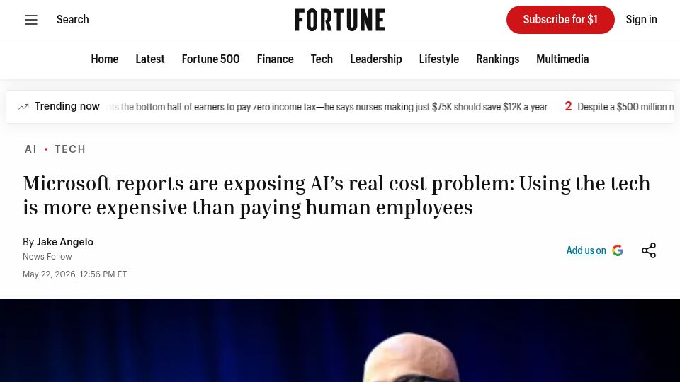 Screenshot of fortune.com: Microsoft reports AI is more expensive than paying human employees