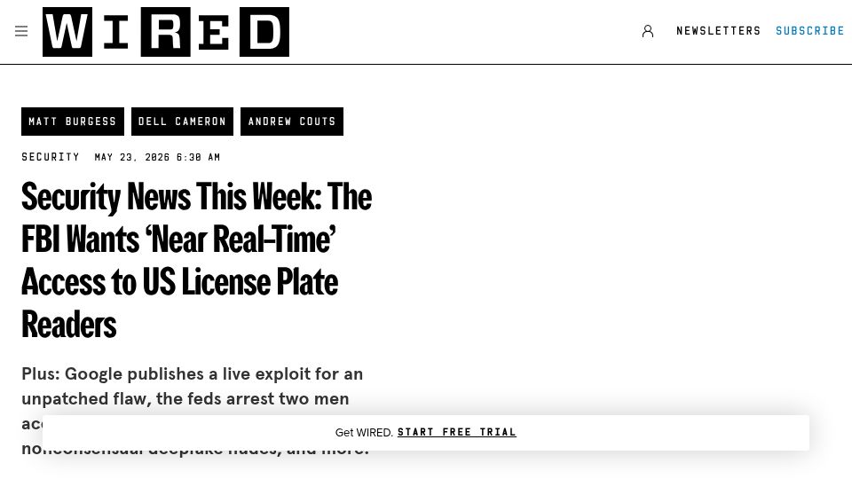Screenshot of wired.com: The FBI Wants 'Near Real-Time' Access to US License Plate Readers