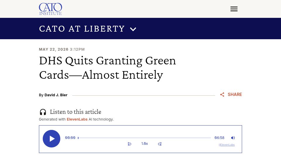 Screenshot of cato.org: DHS Quits Granting Green Cards–Almost