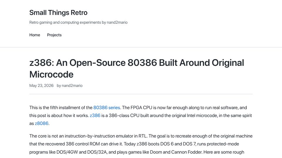 Screenshot of nand2mario.github.io: z386: An Open-Source 80386 Built Around Original Microcode