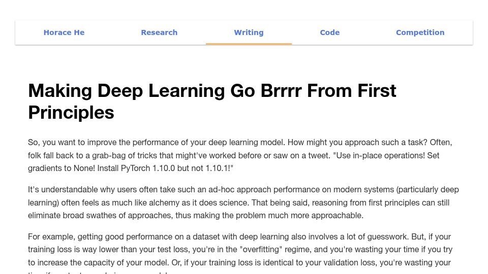 Screenshot of horace.io: Making deep learning go brrrr from first principles (2022)