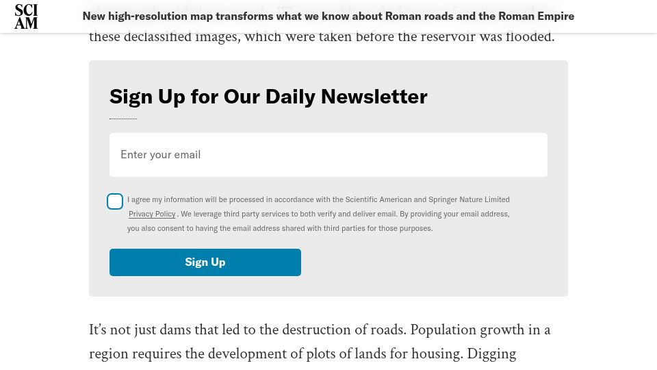 Screenshot of scientificamerican.com: New map reveals lost roads of the Roman Empire