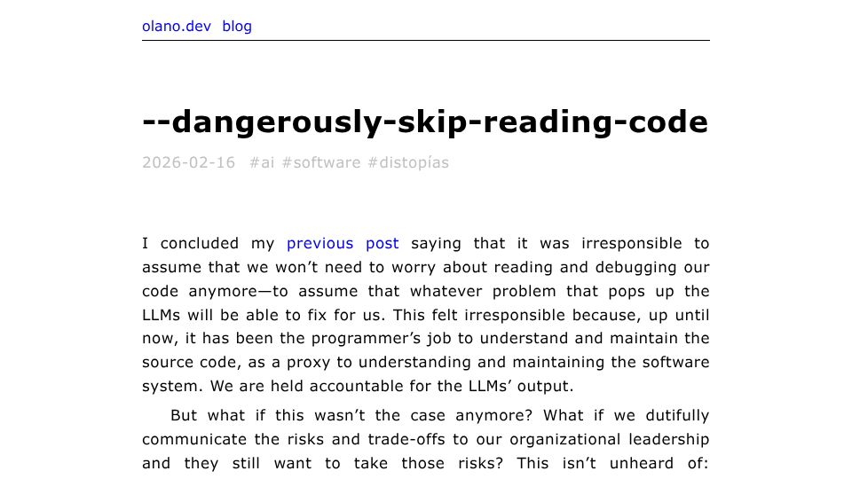 Screenshot of olano.dev: --dangerously-skip-reading-code