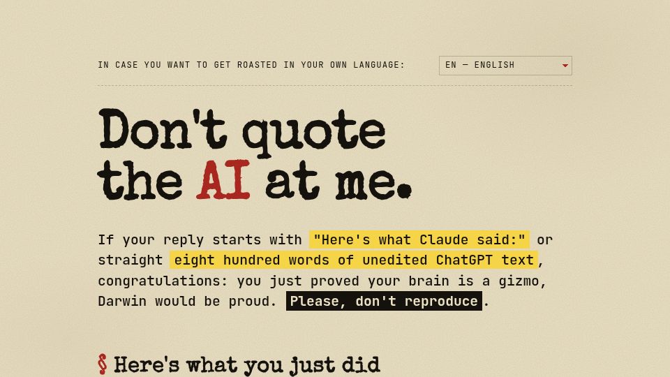 Screenshot of dontquotetheai.com: Don't just paste the AI at me