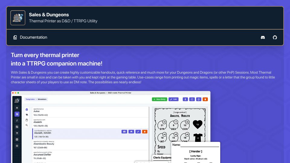 Screenshot of sales-and-dungeons.app: Sales and Dungeons: Thermal printer TTRPG utility
