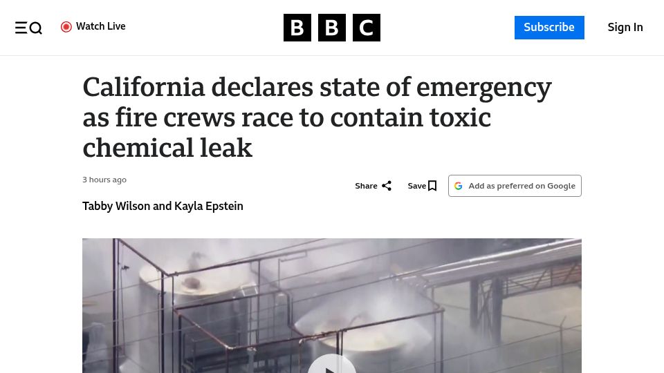 Screenshot of bbc.com: Toxic chemical leak at a manufacturing facility in Orange County