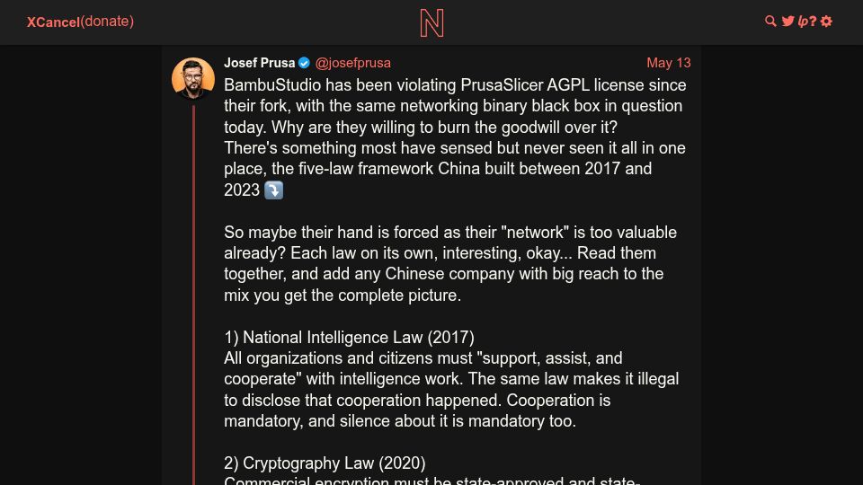 Screenshot of xcancel.com: BambuStudio has been violating PrusaSlicer AGPL license since their fork